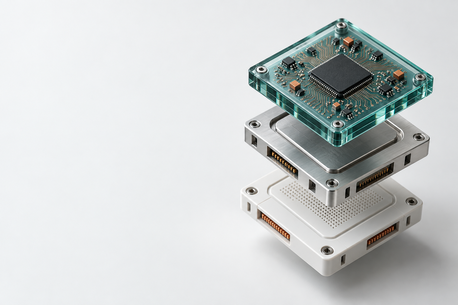 Precision compute modules in teal glass, silver, and ceramic