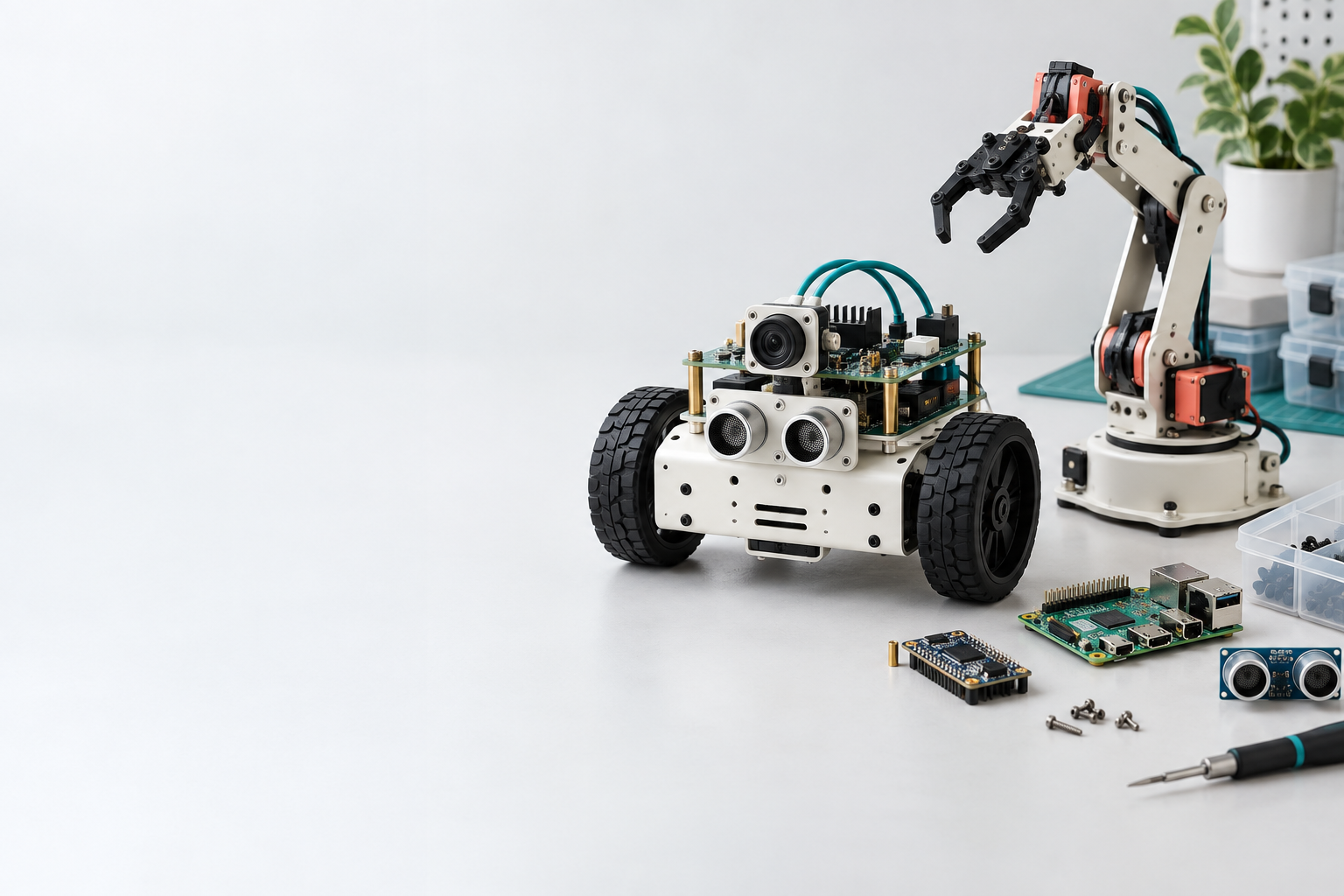 An educational rover and robotic arm on a workbench